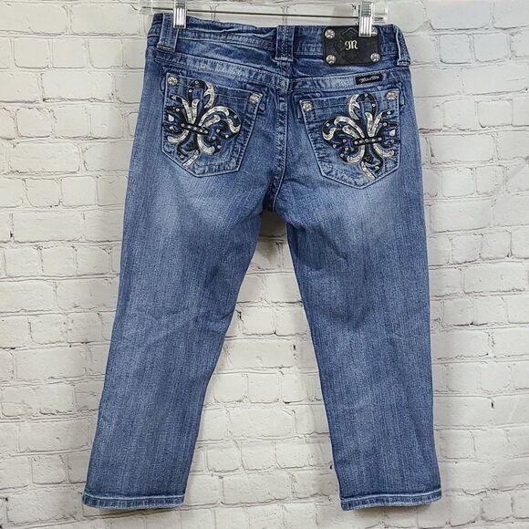 Miss Me Easy Crop Stretch Cropped Jeans Distressed Denim Fleur de Lis Rhinestone - Picture 1 of 14